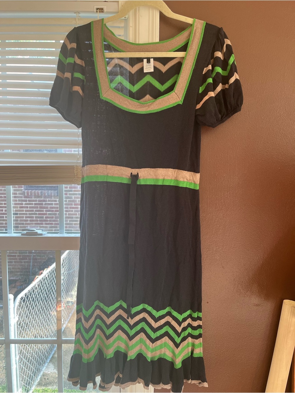 Brown Knit Dress with Green and Tan Chevron Trim